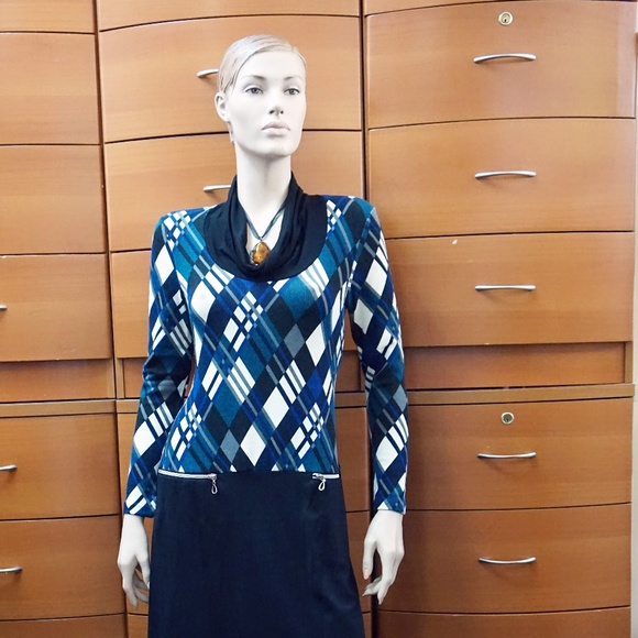 Work Ready Long Sleeve Dress with Cowl Neck and Zip Pockets in Blue Plaid Print - Picture 9 of 9